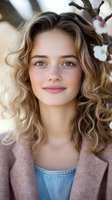 Young blonde woman with curly hair and natural makeup smiling outdoors in spring with cherry blossoms, wearing casual brown cardigan and denim top.