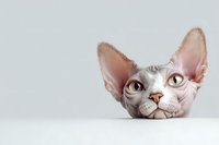 Hairless sphynx cat peeking over white surface with curious expression, wrinkled skin and large ears visible against neutral background for pet content.