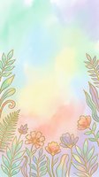 Pastel watercolor floral background with gold outline flowers and leaves, soft rainbow gradient, copy space for cards, posters, and social media.