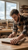 Caucasian male woodworker in plaid shirt and apron sanding wooden board in bright workshop with organized tool storage and window view, suitable for craft, carpentry, and small business content.