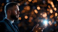 Businessman with beard in dark suit holding glowing light bulb against bokeh background, representing innovation, ideas, and business success.