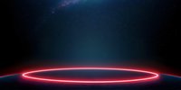 Glowing red neon ring on dark background with atmospheric light effects and starry elements creates futuristic sci-fi atmosphere for technology concepts.