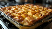 Golden brown bread pudding with caramelized top in glass baking dish, showing rich custard texture and crispy edges, fresh from oven on stovetop.
