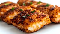 Grilled fish fillets with crispy seasoned crust and fresh herbs garnish on white background, close up view showing flaky texture and golden-brown sear marks.