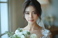 Young Asian bride in white lace wedding dress holds elegant white rose bouquet, with soft natural makeup and romantic updo hairstyle against blurred interior background.