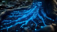 Futuristic digital tree roots with glowing blue circuit patterns and data streams flowing through organic network connections in cyberpunk style.