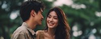 Happy young Asian couple sharing intimate moment outdoors with natural green bokeh background, romantic relationship and love concept for lifestyle content.