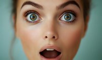 Close up portrait of surprised young woman with wide open eyes and mouth expressing shock and amazement against turquoise background.