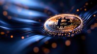 Golden cryptocurrency coin with digital wave effect and glowing particles on dark background, modern finance technology concept for web design.