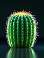 Vibrant green barrel cactus with colorful spines glowing against dark background for botanical and desert plant designs.