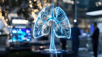 Glowing blue holographic lungs projection with detailed bronchial tree structure against dark background with bokeh lights, showcasing medical visualization technology.