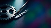 Metallic gear with precision tools on dark teal surface, symbolizing engineering, mechanics, and technical innovation for industrial design projects.