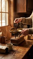 Hands grinding fresh coffee beans with vintage manual grinder in warm rustic kitchen setting with wooden table and morning sunlight streaming through window.