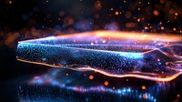 Abstract digital wave with glowing blue and orange particles flowing on dark background, creating dynamic light motion effect with bokeh elements and luminous energy stream.