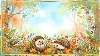 Cute hedgehogs surrounded by autumn leaves, flowers, and mushrooms in a whimsical forest setting with golden frame border, ideal for children's books and nursery decor.