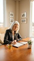 Mature Caucasian businesswoman with silver hair writing documents at wooden desk in bright home office with framed artwork and natural lighting.