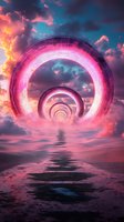 Glowing pink circular portals over reflective water surface against dramatic sunset sky with vibrant clouds, creating futuristic sci-fi atmosphere.