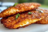 Crispy breaded chicken cutlets with golden-brown crust garnished with fresh herbs, close-up view showing juicy meat and crunchy coating texture on white plate.