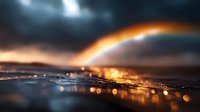 Dramatic coastal cityscape at dusk with glowing lights reflecting on water surface under stormy sky and vibrant rainbow, creating atmospheric moody scene.