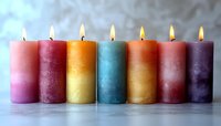 Colorful burning pillar candles in rainbow colors lined up against light background, creating peaceful atmospheric mood for meditation and home decor.