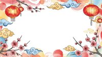 Chinese New Year frame with red lanterns, cherry blossoms, traditional clouds and decorative elements on white background for festive design projects.