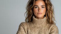 Young Caucasian woman with wavy brown hair wearing beige turtleneck sweater looking at camera with natural makeup and confident expression against light gray background.