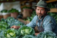 Mature Caucasian male farmer with beard wearing hat and denim overalls tends to organic cabbage crop in greenhouse, showing sustainable agriculture practices.