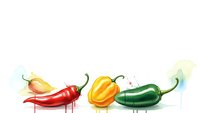 Colorful chili peppers with watercolor splashes on white background, isolated spicy vegetables for culinary design and cooking projects.