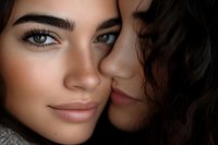 Young mixed-race women with natural makeup sharing intimate moment, close-up portrait showing friendship and connection for lifestyle content.