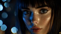 Young woman with dark bob haircut and glitter makeup in blue bokeh lights for fashion beauty cosmetics advertising campaigns.