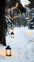Magical winter forest path illuminated by warm glowing lanterns and fairy lights creating cozy holiday atmosphere in snowy woodland setting.