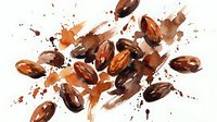 Roasted coffee beans in dynamic motion with splashing liquid and scattered particles, isolated on white background for beverage, food and design projects.