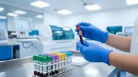 Medical laboratory technician in blue gloves handling blood sample test tube in modern clinical lab for diagnostic testing and analysis.