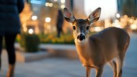 Young deer in urban environment with bokeh lights and blurred city background at dusk, wildlife adaptation to city life shows peaceful coexistence with nature.