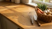 Wooden kitchen countertop with fresh vegetables in wicker basket, whisk, and utensils near window for cooking preparation and meal planning.