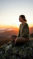 Young woman meditating on mountain rock during golden hour sunrise with birds flying overhead and layered hills in background for wellness content.