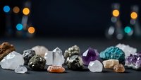 Collection of healing crystals and gemstones including amethyst, quartz, pyrite arranged on dark surface with bokeh lights for spiritual wellness.