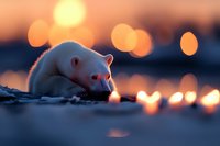 White mouse resting on dark surface with golden bokeh lights in background creating dreamy atmosphere at sunset. Soft focus nature photography.