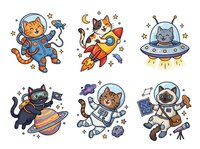 Astronaut cats in space suits riding rockets and flying in UFO spaceships, isolated clipart set ready for t-shirt designs, children's books, and creative projects.