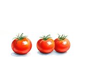 Three fresh red tomatoes with green stems isolated on white background for healthy cooking and food design projects.