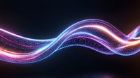 Glowing neon wave lines with sparkle particles flowing on dark background, abstract light trails in blue, purple and pink colors creating dynamic motion effect.