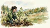 Young woman environmental volunteer planting tree sapling in rural landscape. Earth Day conservation reforestation sustainability ecology nature restoration outdoors.