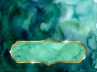 Watercolor teal and emerald green abstract background with gold ornamental frame border, suitable for invitations, cards, and design templates.