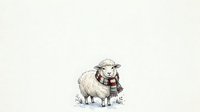 Fluffy sheep wearing a cozy striped scarf and winter hat stands against neutral background, perfect for seasonal greeting cards and holiday designs.