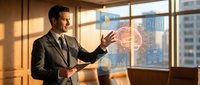 Caucasian businessman in suit interacts with glowing holographic brain and data charts in modern office, showcasing AI and analytics concepts.