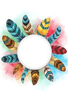 Colorful feathers arranged in a circular frame with watercolor splashes on white background, isolated and ready for design use on apparel, invitations, and branding projects.