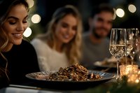 Young diverse friends enjoying dinner party with pasta and wine in cozy evening atmosphere with bokeh lights and candles creating warm ambiance.