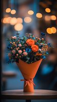 Vibrant bouquet with orange roses and blue cornflowers wrapped in orange paper, set against blurred bokeh lights background on wooden table. Perfect for romantic occasions.