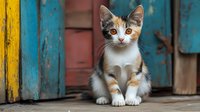 Adorable tabby kitten with white markings sitting on wooden deck against colorful weathered doors, perfect for pet care and animal lover content.