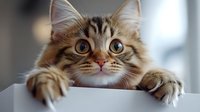 Curious tabby cat with bright green eyes peeking over white surface, front paws visible, showing playful expression and fluffy fur in soft natural lighting.